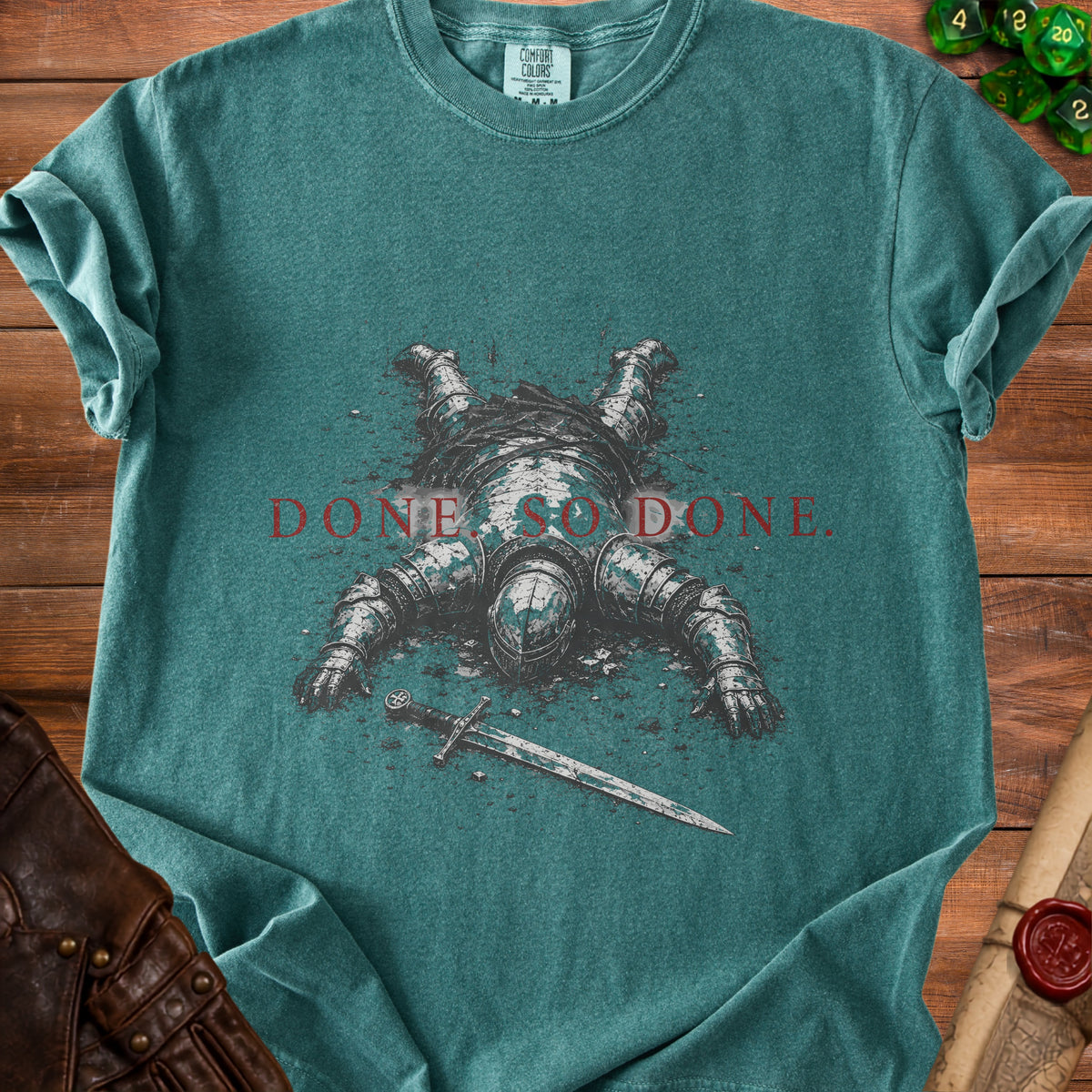 T-shirt with a fallen knight graphic and "DONE. SO DONE." text.