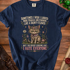 Dark navy t-shirt with grumpy cat graphic and text about looking fragile vs. hating everyone.