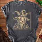 T-shirt featuring a detailed sketch of a goat wizard with prominent horns and a pointed hat.