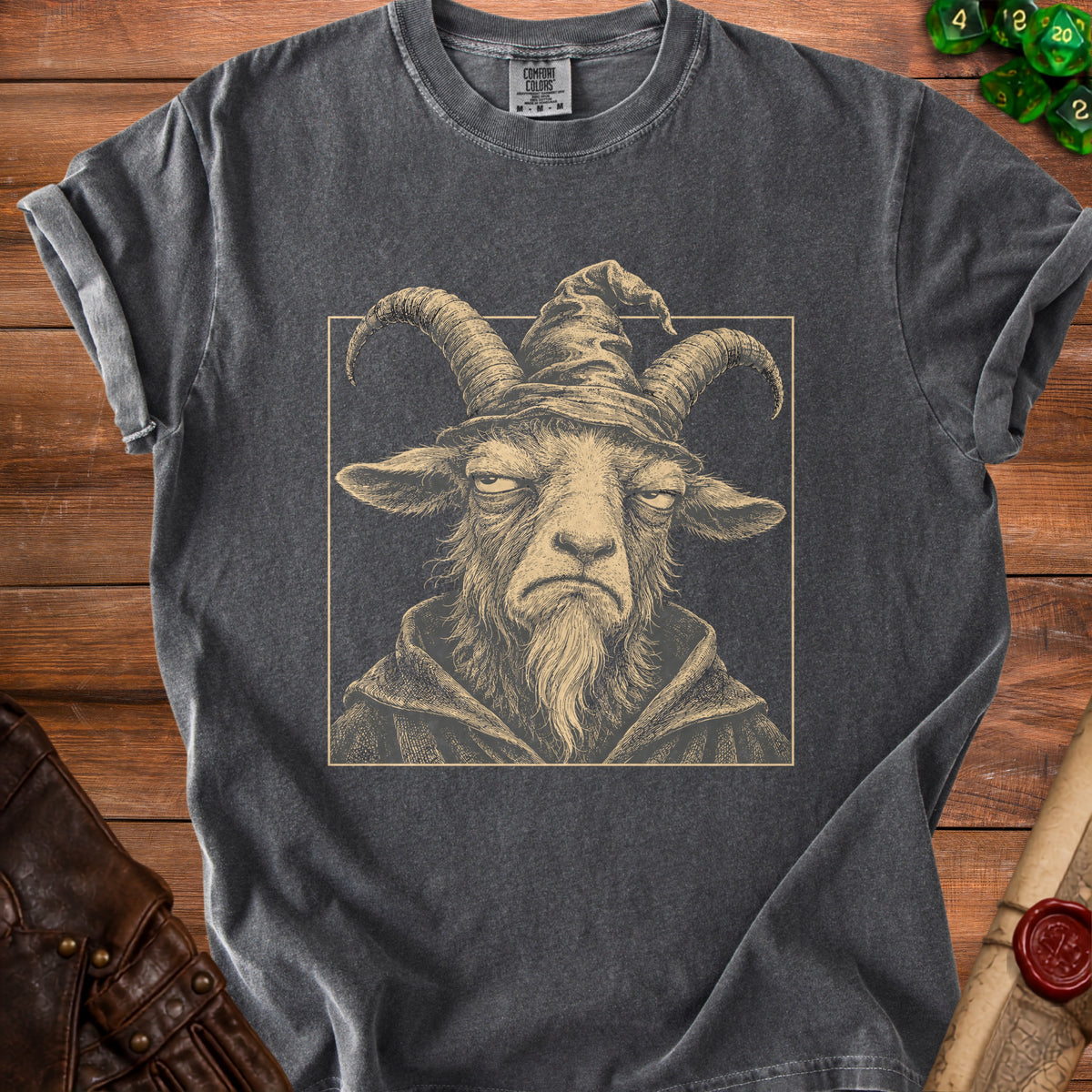 T-shirt featuring a detailed sketch of a goat wizard with prominent horns and a pointed hat.