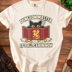 Cream t-shirt with "Dungeon Master" text, black cat, and dragon graphic.