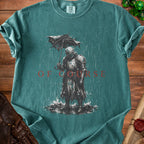 Knight in armor holds tattered umbrella in the rain with "Of Course" text.