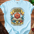 Light blue t-shirt with "Chaos Coordinator Roll With It" text and dice graphics.