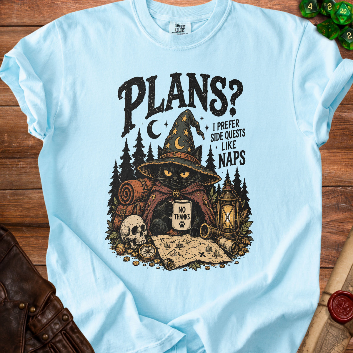 Black cat in wizard hat holding "NO THANKS" mug with "PLANS? I PREFER SIDE QUESTS LIKE NAPS" text.