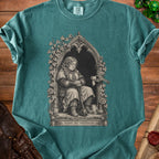 T-shirt featuring a gothic arch with a weary knight and the text "PLEASE DIE ANOTHER DAY".