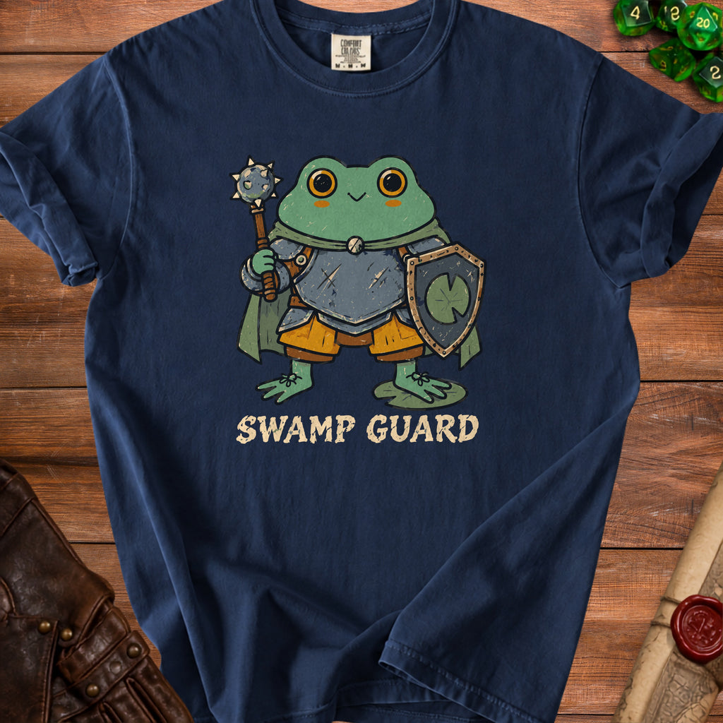Frog knight in armor holding a mace and shield, with "Swamp Guard" text.