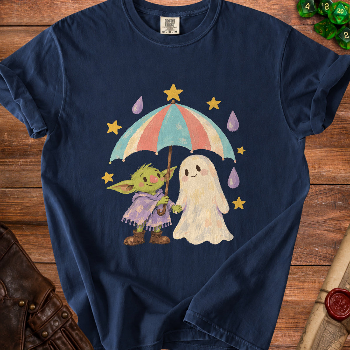 Green creature and ghost holding an umbrella with stars and raindrops.
