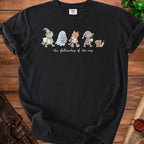 Black t-shirt with cartoon characters and text "the fellowship of the nap".