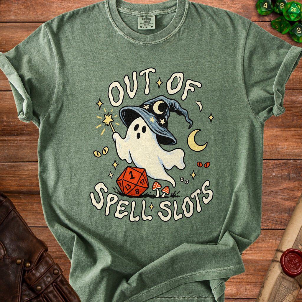 Green t-shirt with a ghost in a wizard hat and "OUT OF SPELL SLOTS" text.