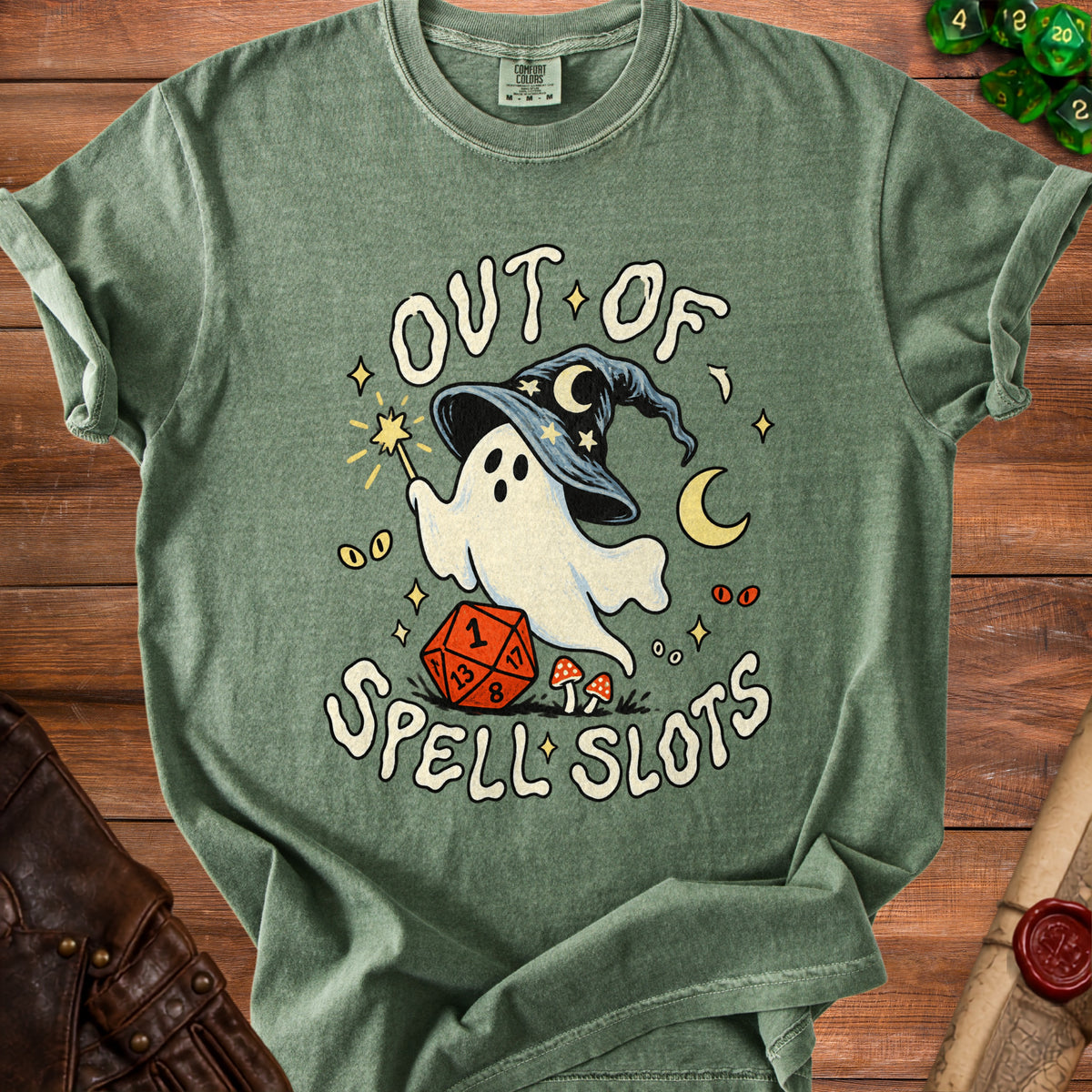 Green t-shirt with a ghost in a wizard hat and "OUT OF SPELL SLOTS" text.