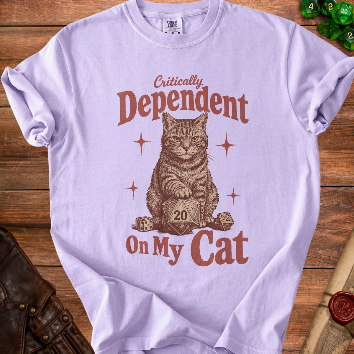 Light purple t-shirt with "Critically Dependent On My Cat" text and cat illustration.