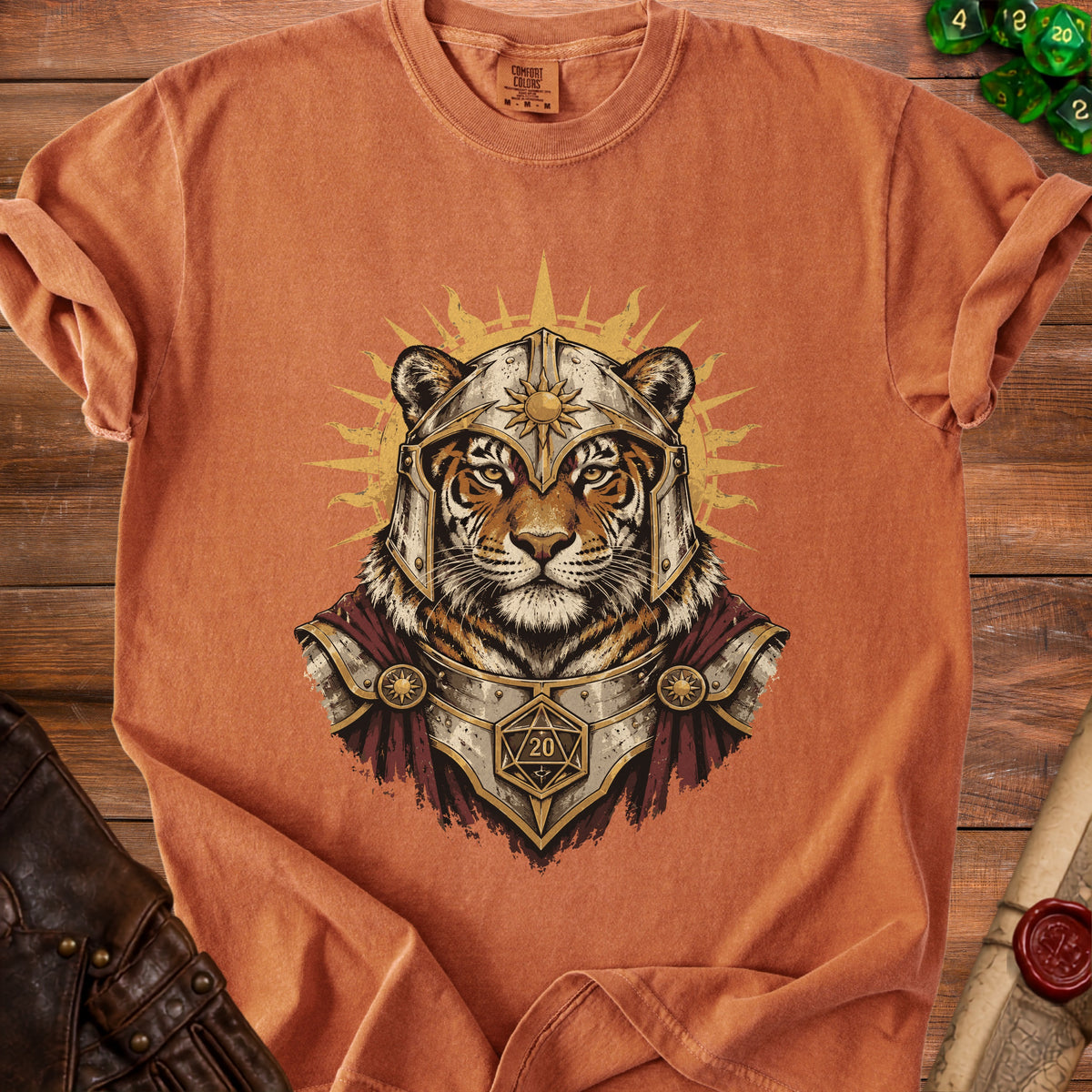Tiger warrior with armor, sunburst, and a twenty-sided die graphic on an orange t-shirt.