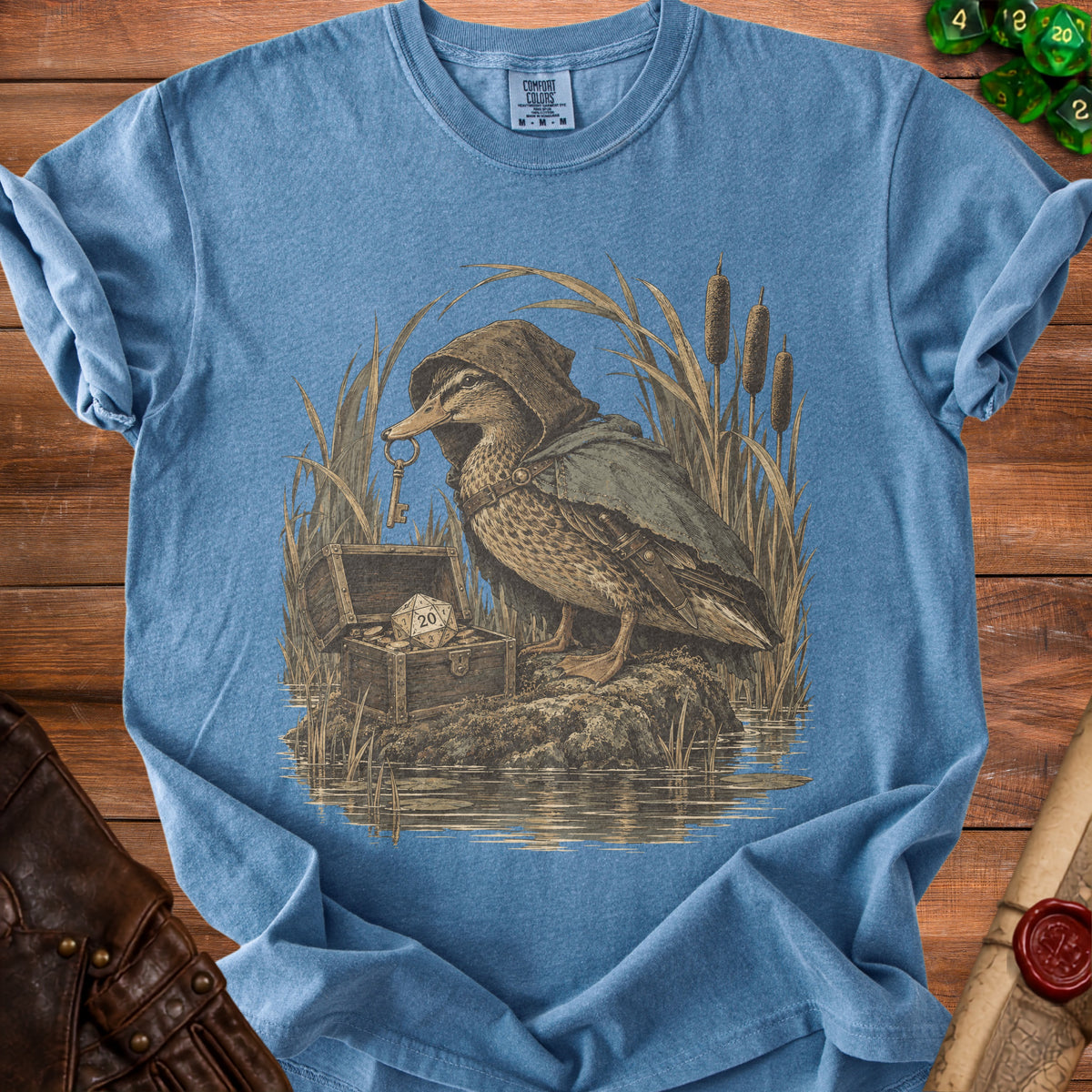 Duck wearing a cloak holding a key next to a treasure chest with a twenty-sided die.