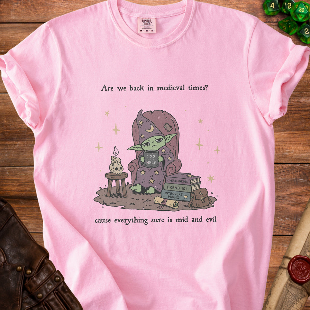 Pink t-shirt with text "Are we back in medieval times?" and cartoon wizard.