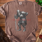 Brown t-shirt with a distressed knight graphic and "Too Old For This" text.