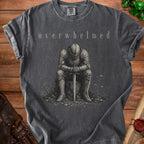 Charcoal t-shirt with "overwhelmed" text and knight graphic.