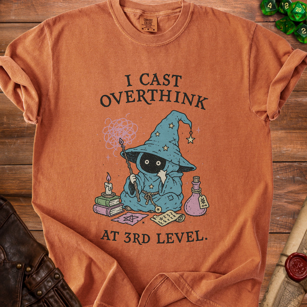 Orange t-shirt with wizard character and text "I CAST OVERTHINK AT 3RD LEVEL."