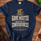 Navy blue t-shirt with golden dragon and text: The Game Master Master of Consequences.
