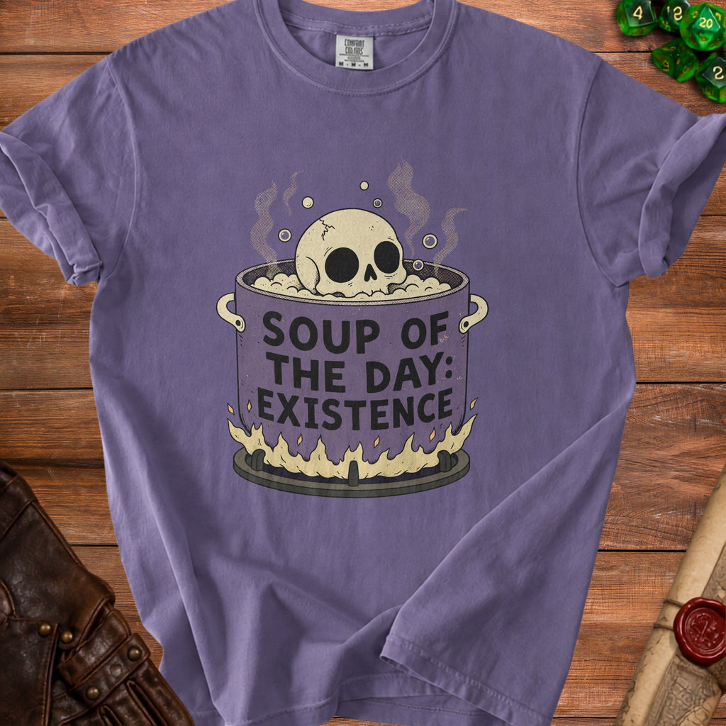 Purple t-shirt with a skull in a pot and "Soup of the Day: Existence" text.