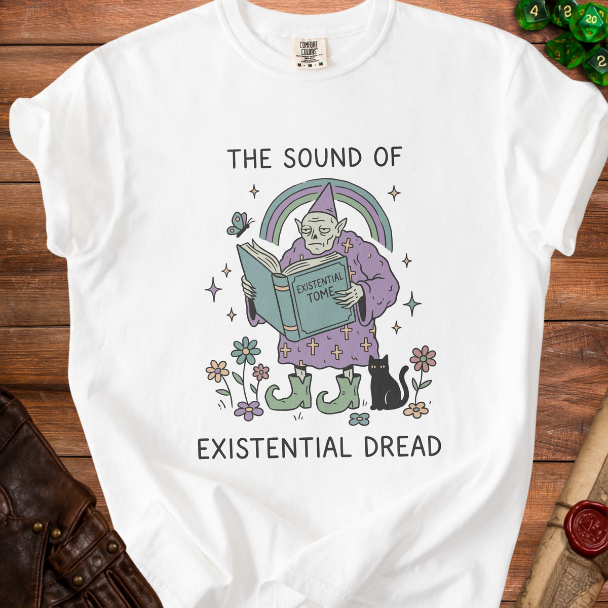 White t-shirt with wizard reading "Existential Tome", "The Sound Of", and "Existential Dread".