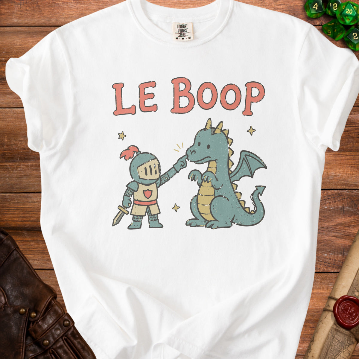 White t-shirt with knight booping dragon and text "LE BOOP".