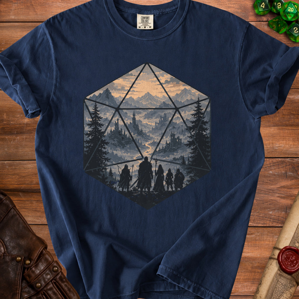 Dark blue t-shirt with a D20 die graphic featuring a fantasy landscape and adventurers.