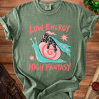 Olive green t-shirt with a graphic of a knight riding a snail, reading Low Energy High Fantasy.