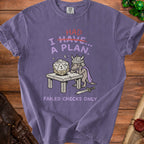 Purple t-shirt with "HAD I HAVE... A PLAN. FAILED CHECKS ONLY" text and dragon graphic.