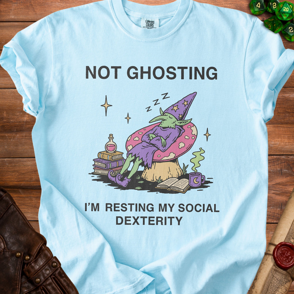 Light blue t-shirt with a goblin wizard sleeping on a mushroom and text "Not Ghosting, I'm Resting My Social Dexterity".