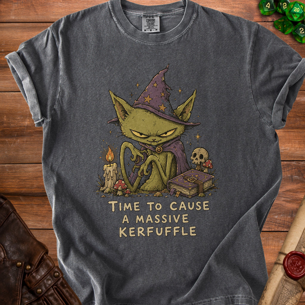 Dark gray t-shirt with a cartoon witch cat, candle, mushrooms, skull, and book. Text reads "Time to Cause a Massive Kerfuffle".