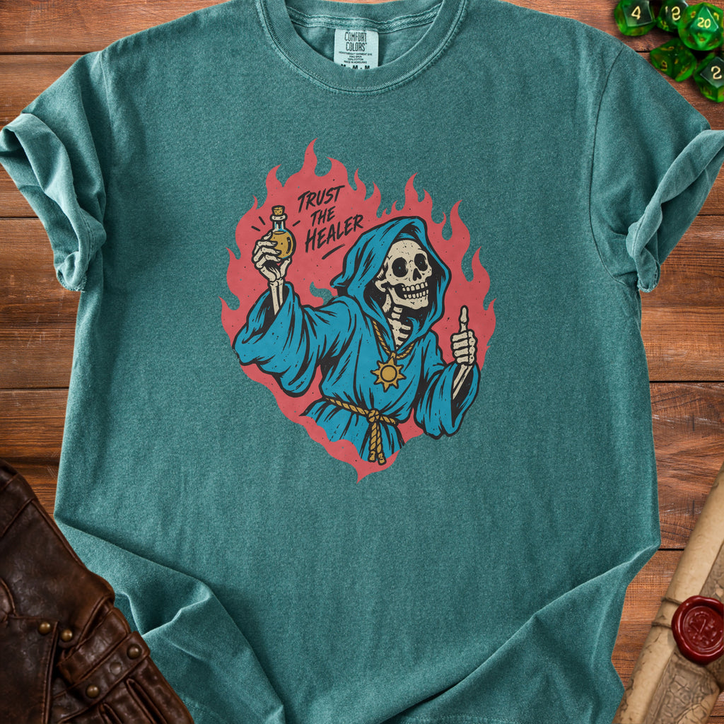 Skeleton in blue robe holds potion and gives a thumbs up, with "Trust the Healer" text.