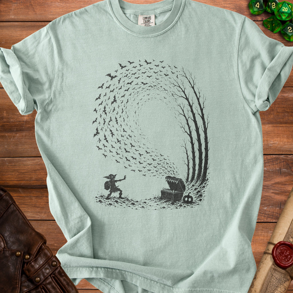 Goblin confronts a treasure chest spewing bats among bare trees.