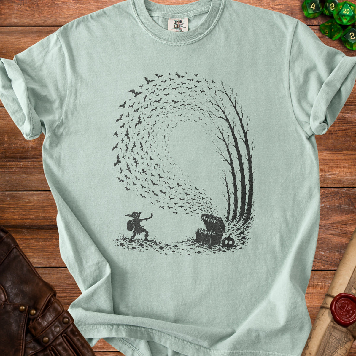 Goblin confronts a treasure chest spewing bats among bare trees.