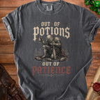 Knight kneeling with empty potion bottles, text "Out of Potions Out of Patience".