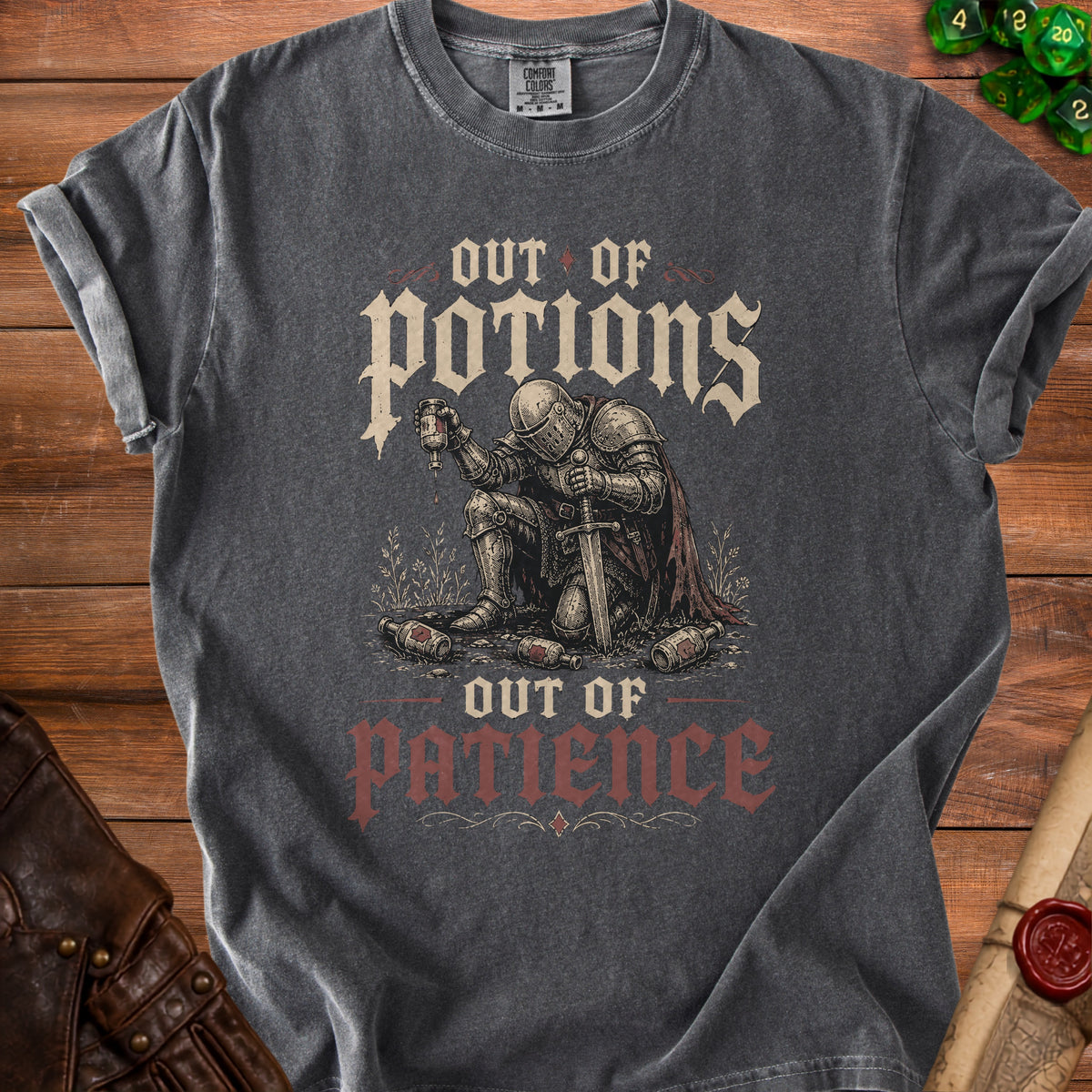 Knight kneeling with empty potion bottles, text "Out of Potions Out of Patience".