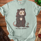 Light blue t-shirt with grim reaper possum holding coffee and skeleton hand, "NO MORE SUMMONS".