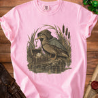 Duck wearing cloak holds key from treasure chest with dice and coins.