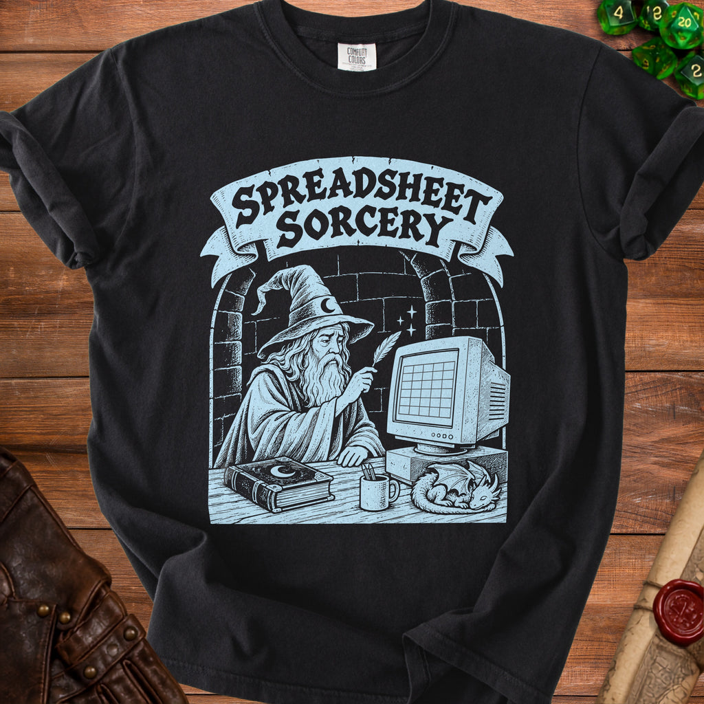 Wizard using a quill on a computer screen with "Spreadsheet Sorcery" text.