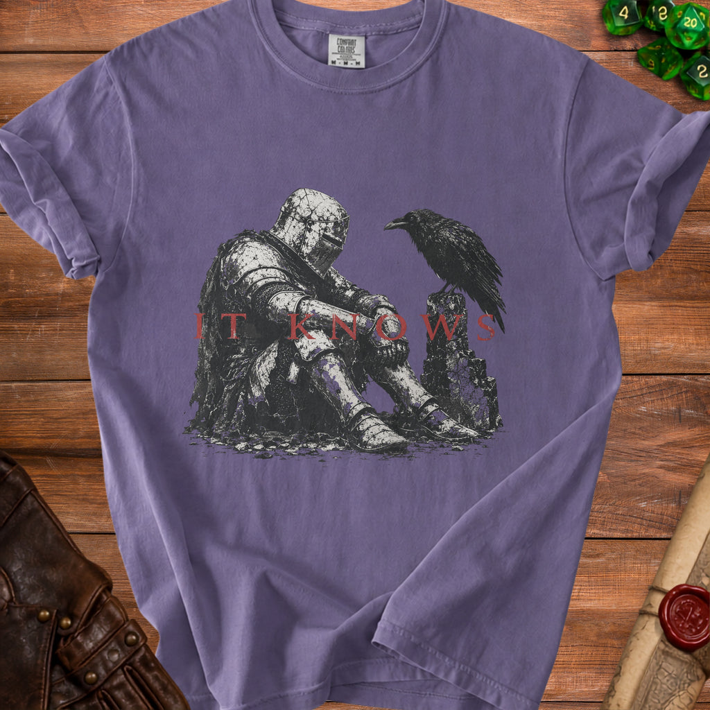 Purple t-shirt featuring a knight sitting with a crow and text "I KNOWS".