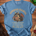 Blue t-shirt with a dragon holding a D20, "Dungeon Master" and definition.