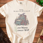 Cream t-shirt with a skeleton wizard graphic and text about low mana and will.