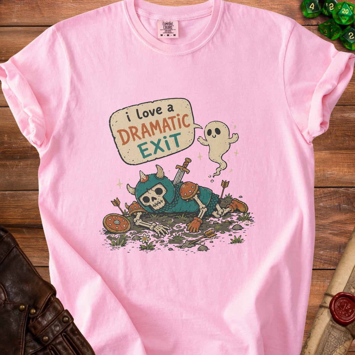 Pink t-shirt with skeleton knight, ghost, and "i love a dramatic exit" text.