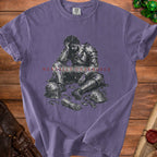 Purple t-shirt with distressed knight illustration and "MENTALLY UNARMORED" text.