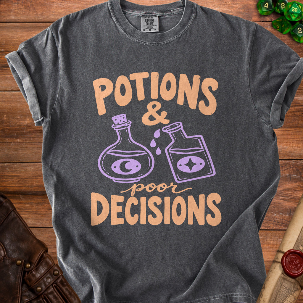 Dark grey t-shirt with "Potions & Poor Decisions" text and potion bottles.