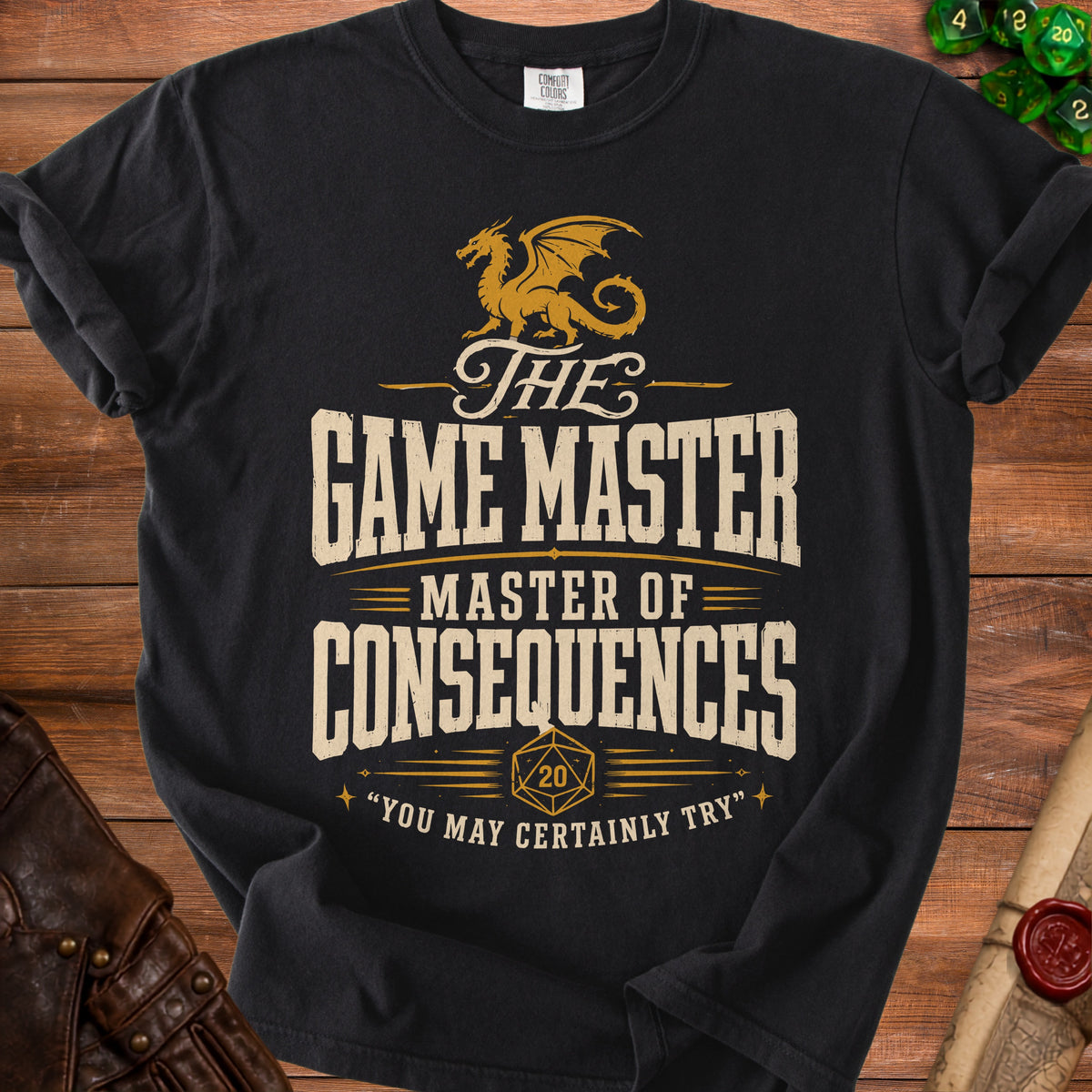 Black t-shirt with dragon, "The Game Master" and "Master of Consequences" text.