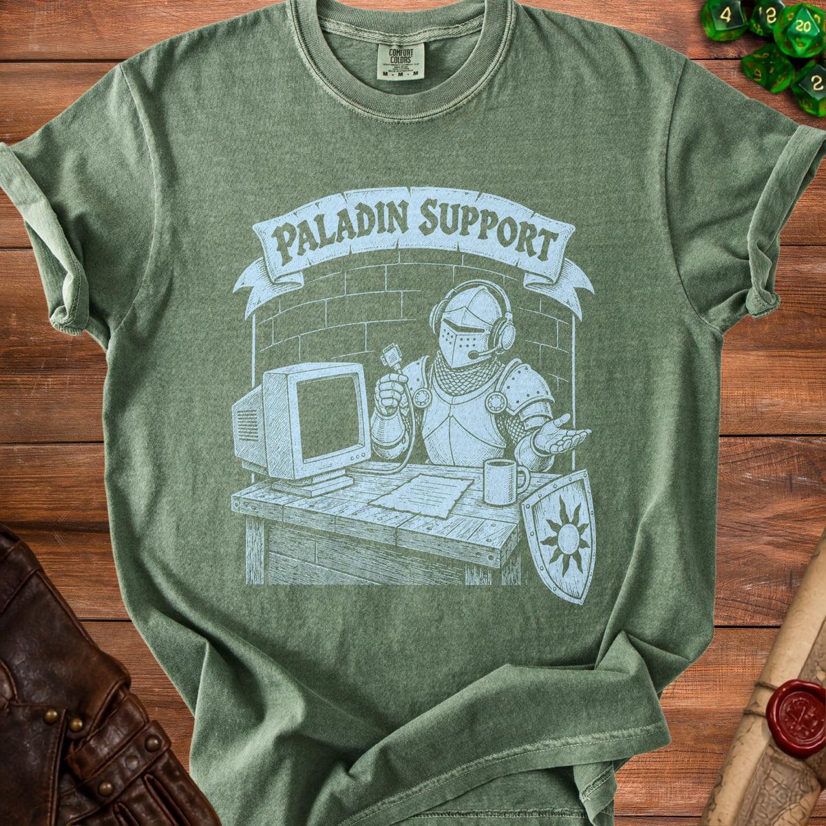 Green t-shirt with "PALADIN SUPPORT" text and illustration of knight at computer.
