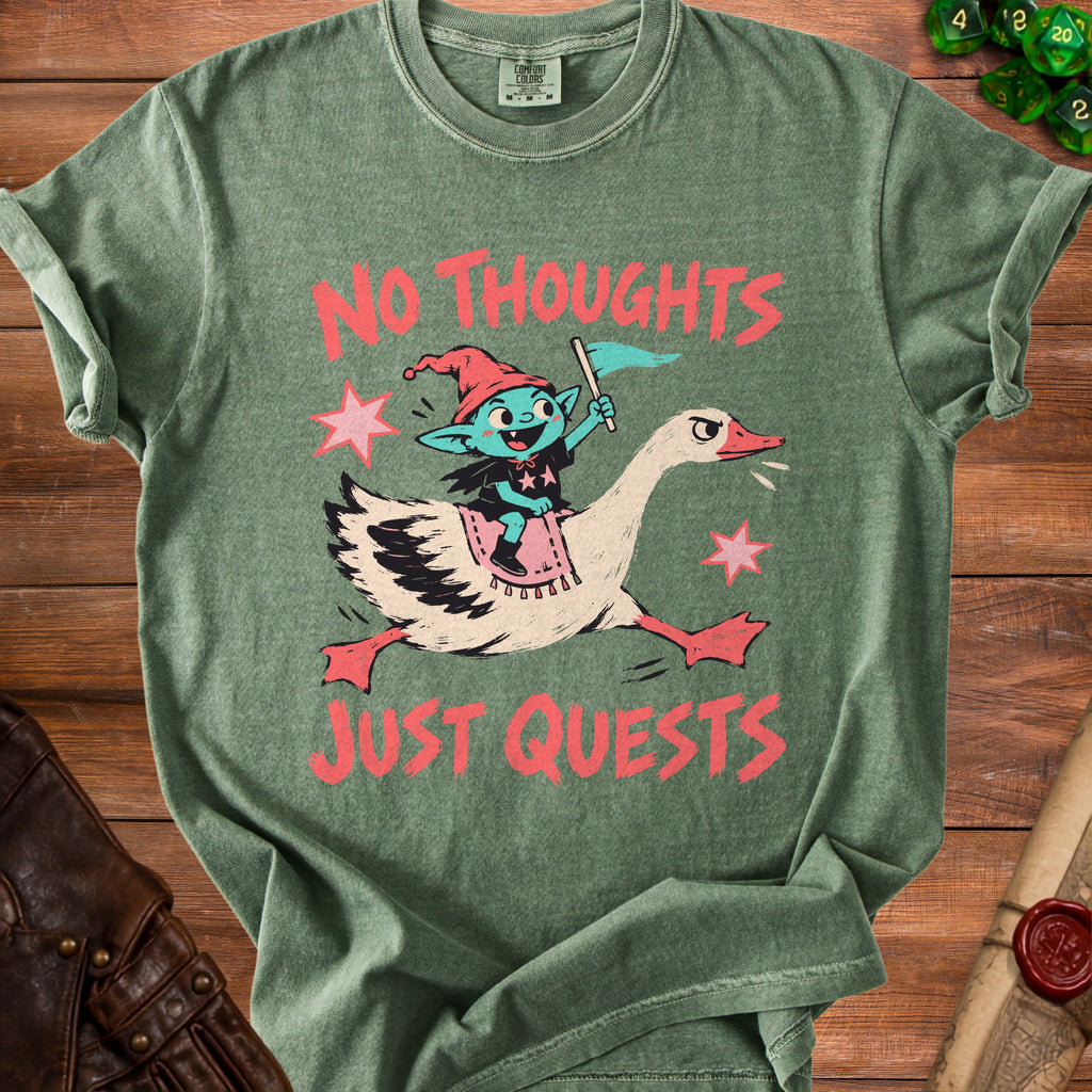 Green t-shirt with elf riding goose, "No Thoughts Just Quests" text.