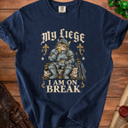 Cat in knight armor eating cheese with text "My Liege I Am On Break".