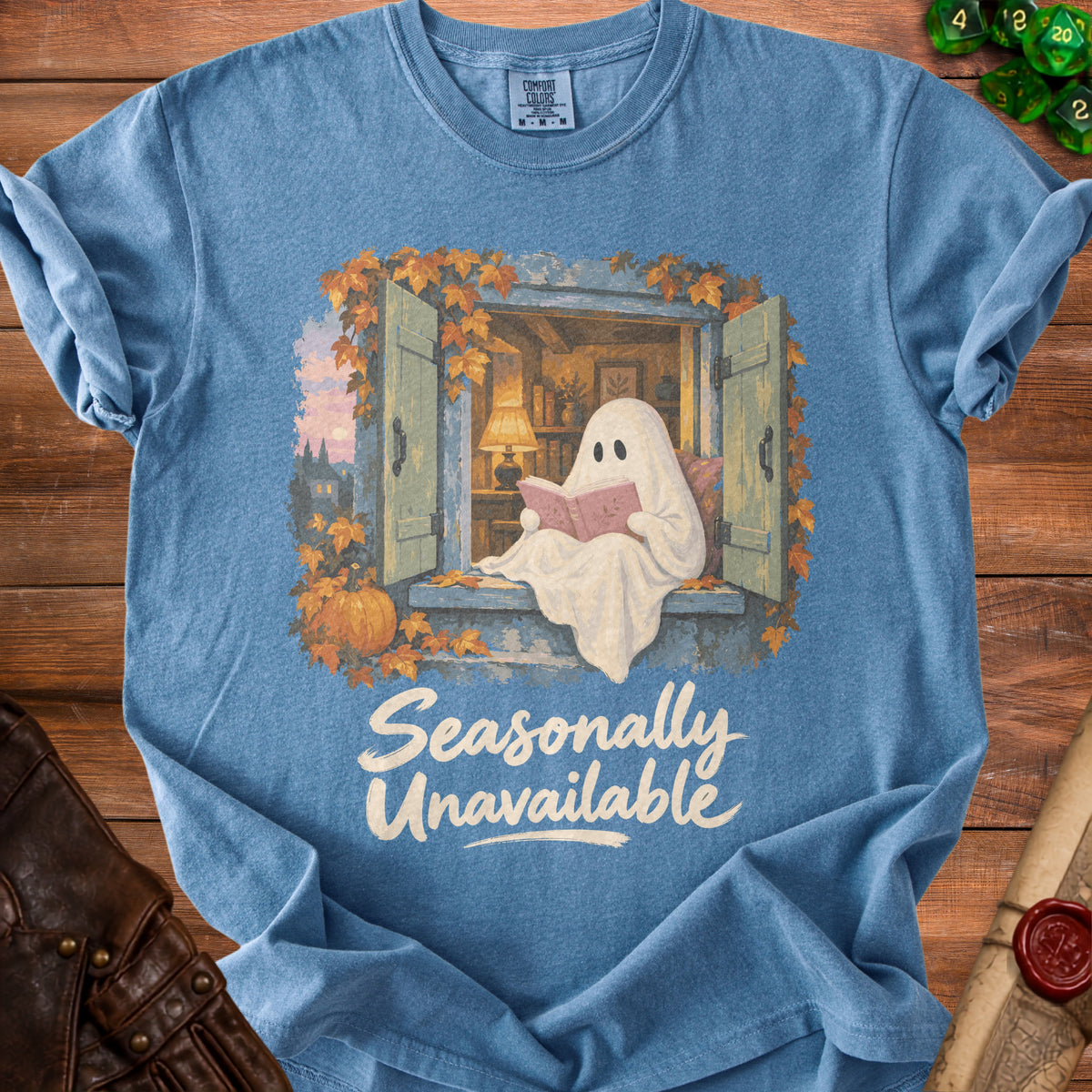 Ghost reading a book in a window with leaves and "Seasonally Unavailable" text.