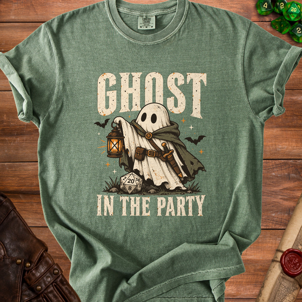 Green t-shirt with a ghost holding a lantern and the text "GHOST IN THE PARTY".